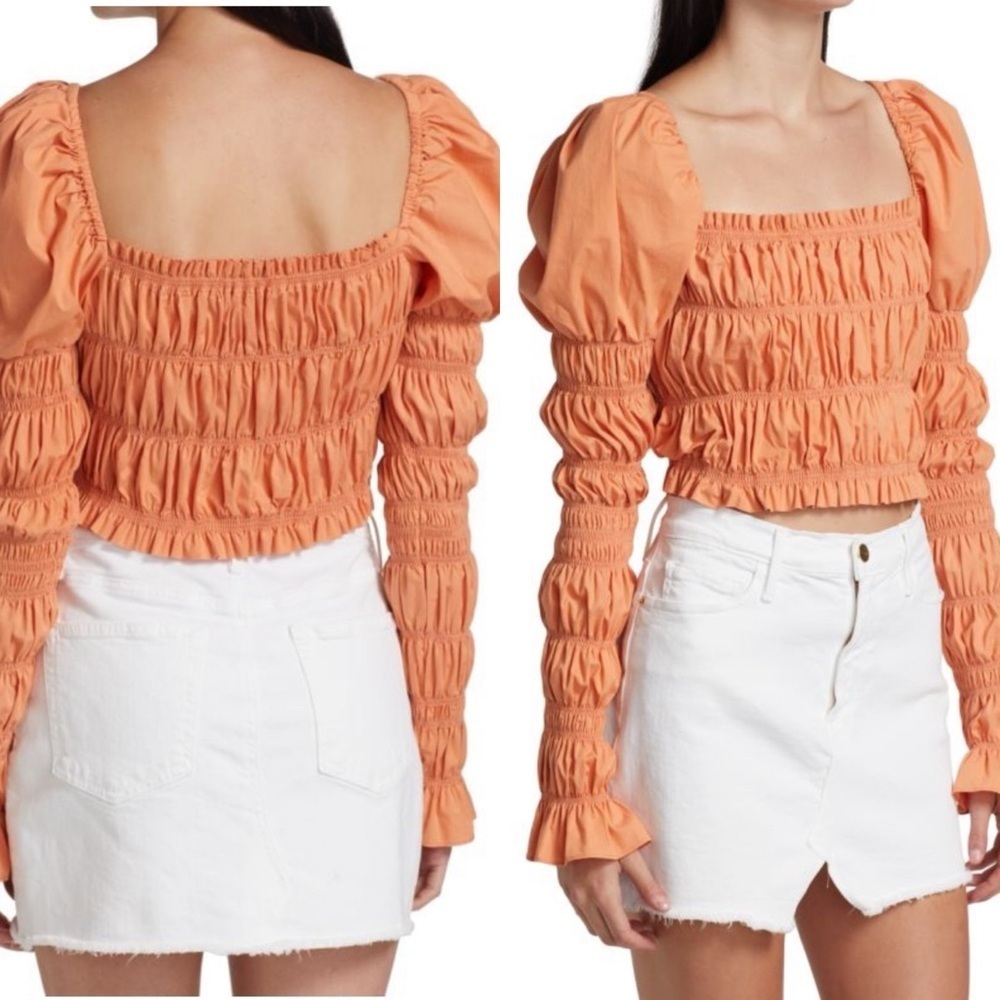 Caroline Constas Delilah Salmon Puff Sleeve Crop Smocked Shirt Top Size X-Small